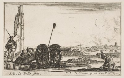 Plåt 2: En kanon till vänster, en stad i bakgrunden, från Various Military Capric..., ca. 1641. av Stefano della Bella