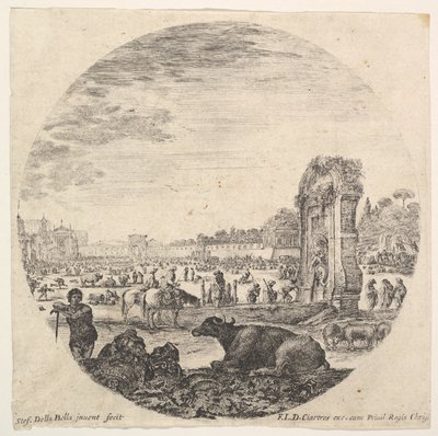 Plåt 2: Campo Vaccino, en buffel och två herdar i mitten, Fontanone att rigga..., ca. 1643-48. av Stefano della Bella