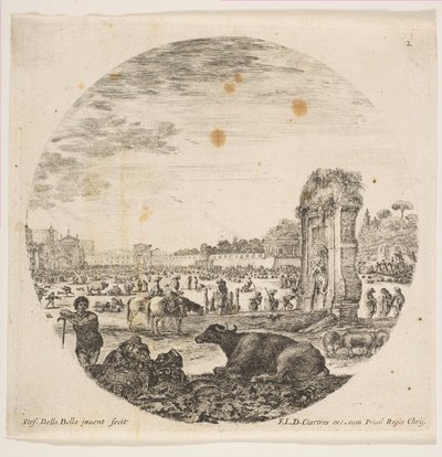 Skylt 2: Campo Vaccino, en buffel och två herdar i mitten, Fontanone till höger ..., ca. 1646. av Stefano della Bella