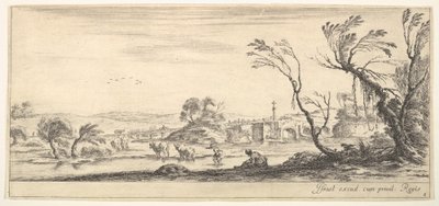 Plåt 2: en bondkvinna som tar av sig skorna i mitten, en annan bondkvinna och två c..., ca. 1641. av Stefano della Bella