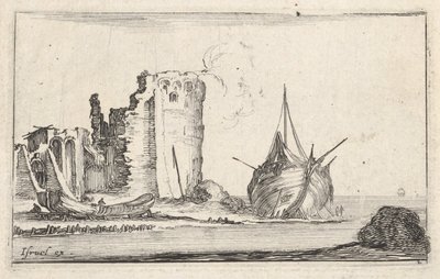 Plåt 2: ett fartyg till höger och en roddbåt till vänster, uppspolad på stranden, ett torn i ruiner b..., ca. 1642. av Stefano della Bella