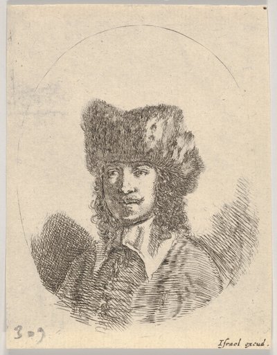 Plåt 2: huvudet på en man med mustasch och pälsmössa vänd åt vänster, en oval sammansättning, från..., 1650. av Stefano della Bella