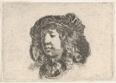 Tavla 34: huvudet på en ung man i en mössa prydd med några fjädrar, vände tre kvarts..., ca. 1646. av Stefano della Bella