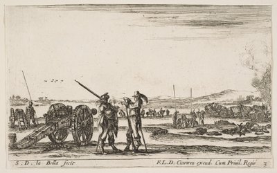 Skylt 3: En officer som ger order till en soldat i mitten av förgrunden, kanon till vänster, av..., ca. 1641. av Stefano della Bella