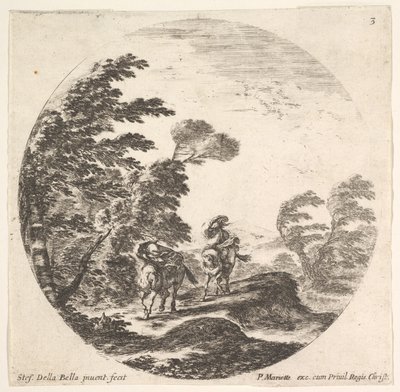 Plåt 3: kuling i skogen, två ryttare insvepta i sina kappor, vinden är bl..., ca. 1643-48. av Stefano della Bella