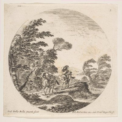Tavla 3: en kuling i skogen, två ryttare insvepta i sina kappor, med vinden blåsa..., ca. 1646. av Stefano della Bella