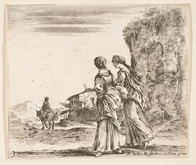 Plåt 3: två flickor som går åt vänster, sedd bakifrån, en kvinna på en häst t..., ca. 1644-47. av Stefano della Bella