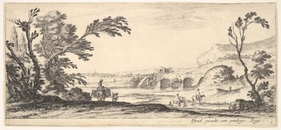 Plåt 3: två ryttare som korsar en flod till höger, en kvinna med två korgar ovanpå en åsna..., ca. 1641. av Stefano della Bella
