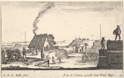 Plåt 4: Ett militärläger med en soldat som står på en bröstvärn till höger..., ca. 1641. av Stefano della Bella