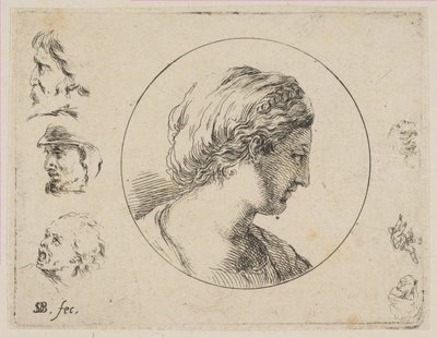 Tavla 4: Head of a Woman in Profile, från andra samlingen av olika doodles och et..., ca. 1646. av Stefano della Bella