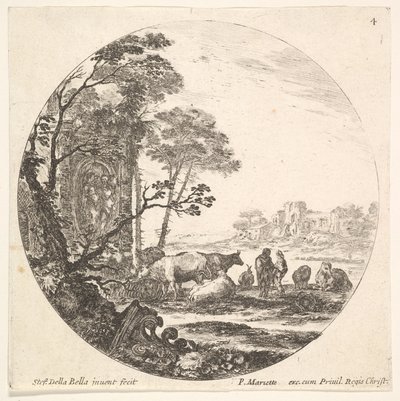 Plåt 4: en korintisk huvudstad på marken till vänster i förgrunden, ett monument med..., ca. 1643-48. av Stefano della Bella