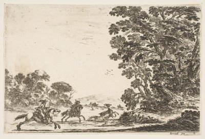 Plåt 4: en hjortjakt, två ryttare galopperande till vänster bakom tre hundar och en hjort..., 1642. av Stefano della Bella