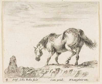 Plåt 4: en häst i profil vänd åt vänster, på väg att gå ner från en hög, en häst..., ca. 1644-47. av Stefano della Bella
