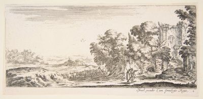 Plåt 4: två pilgrimer som observerar ruiner till höger, en pekar åt höger, ett får..., ca. 1641. av Stefano della Bella