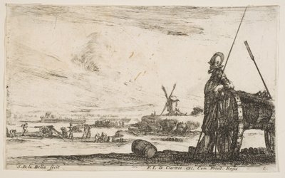 Plåt 5: En Pikeman som står bredvid en kanon, andra militära figurer..., ca. 1641. av Stefano della Bella
