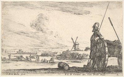 Plåt 5: En Pikeman stående precis bredvid en kanon, andra militära figurer i ba..., ca. 1641. av Stefano della Bella