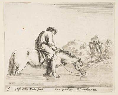 Plåt 5: en barfota bonde till häst som korsar en flod, en annan bonde till häst..., ca. 1644-47. av Stefano della Bella