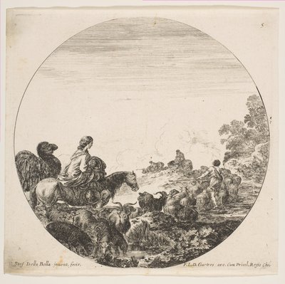 Plåt 5: en kvinna som bär ett barn på en häst till vänster, en kamel som följer efter henne, en flock..., ca. 1646. av Stefano della Bella