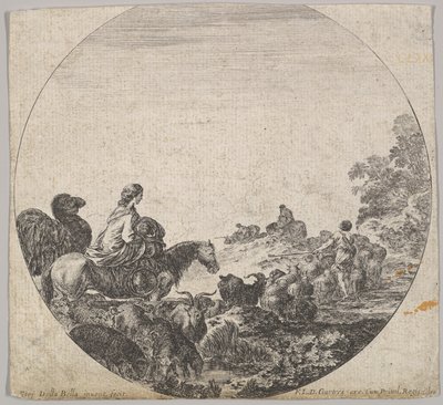 Plåt 5: en kvinna som bär ett barn på en häst till vänster, en kamel som följer efter henne, en flock..., ca. 1643-48. av Stefano della Bella