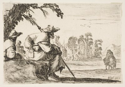 Plåt 5: två pilgrimer med hattar vilar till vänster, sedd bakifrån, rider en ryttare mot krig..., 1642. av Stefano della Bella