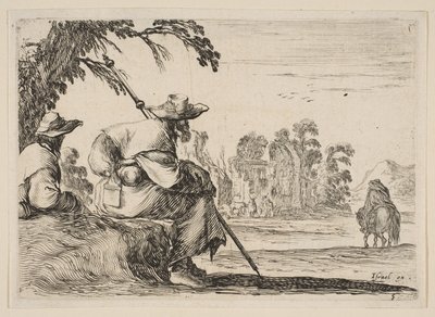 Plåt 5: två pilgrimer med hattar vilar till vänster, sedd bakifrån, rider en ryttare mot krig..., 1642. av Stefano della Bella