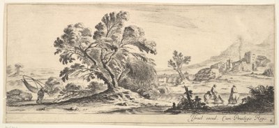 Plåt 6: en fiskare som bär ett nät till vänster, två ryttare i en bäck till höger, ett träd..., ca. 1641. av Stefano della Bella