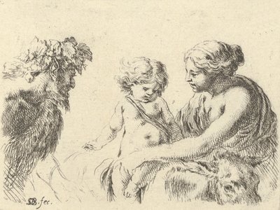 Tavla 6: en kvinna till höger som håller sitt barn som sitter ovanpå en åsna, en satyr vid l..., ca. 1646. av Stefano della Bella