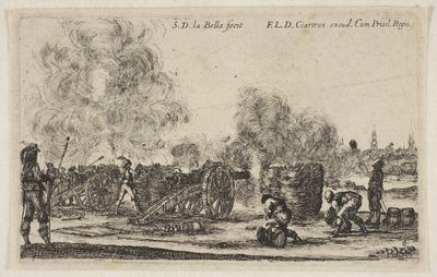 Plåt 6: batteri av kanoner som skjuter mot en stad, från Various Military Caprices Varii ..., ca. 1641. av Stefano della Bella