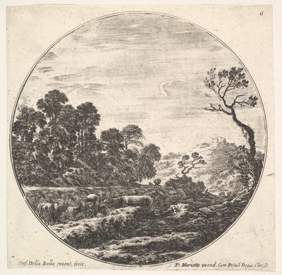 Plåt 6: kor som korsar en dal till vänster, en grupp träd till vänster, en ryttare och o..., ca. 1643-48. av Stefano della Bella