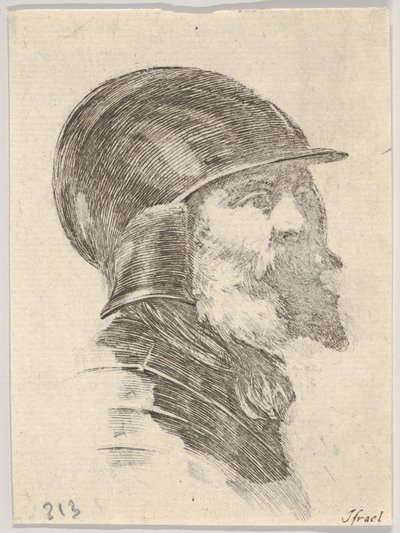 Plåt 6: huvudet på en gammal skäggig soldat med hjälm vänd åt höger, från Various heads..., 1650. av Stefano della Bella