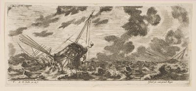 Plåt 6: tre fartyg i en storm, från Various Embarkations Divers embarquements, ca. 1646-47. av Stefano della Bella