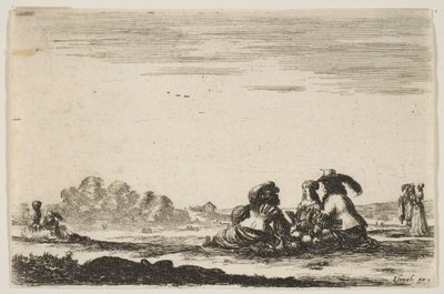 Plåt 7: Två adelsmän sittande i mitten, sedda bakifrån, samtalande med ett adelshav..., 1642. av Stefano della Bella