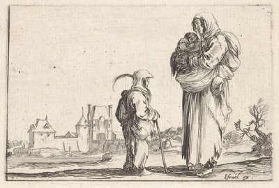 Tavla 7: en bondkvinna som bär ett barn till höger, talar med ett annat barn som står..., ca. 1642. av Stefano della Bella