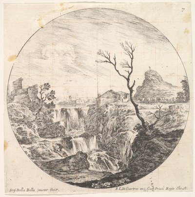 Platta 7: ett tredubbelt vattenfall, ett dött träd till höger, ett berg och en flock kor till..., ca. 1643-48. av Stefano della Bella
