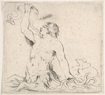 Tavla 7: en triton i vattnet, vänd åt vänster, håller upp en ål i höger hand och t..., ca. 1646. av Stefano della Bella