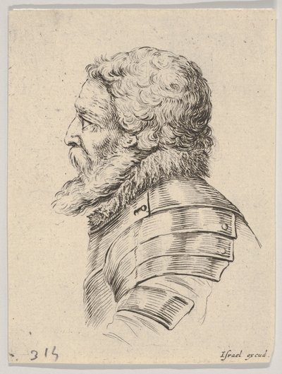 Skylt 7: byst av en skäggig soldat som bär rustning, vänd åt vänster i profil, från Various he..., 1650. av Stefano della Bella