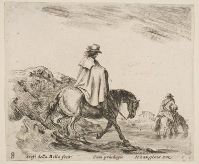 Plåt 8: en ryttare går ner för en flodstrand, en annan ryttare i floden till höger, från ..., ca. 1644-47. av Stefano della Bella