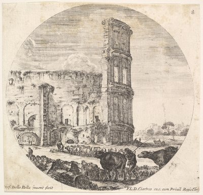 Tavla 8: Colosseum, två flockar som riktas mot amfiteatern i fo..., ca. 1643-48. av Stefano della Bella