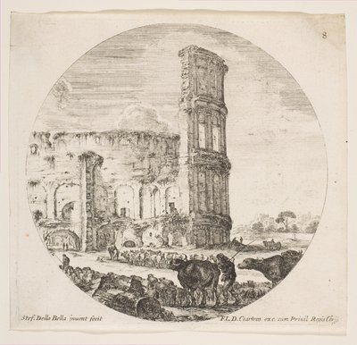 Tavla 8: Colosseum, två flockar som riktas mot amfiteatern i förgrunden..., ca. 1646. av Stefano della Bella