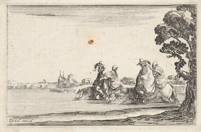 Tavla 8: två ryttare i hatt till höger, vardera med en kvinna bakom sig, ridande på..., ca. 1642. av Stefano della Bella