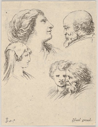 Tavla 9: fem huvuden, två unga kvinnor till vänster, en skäggig man uppe till höger, en ung kvinna..., ca. 1649. av Stefano della Bella