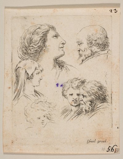 Tavla 9: fem huvuden, två unga kvinnor till vänster, en skäggig man uppe till höger, en ung kvinna..., ca. 1649. av Stefano della Bella