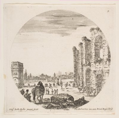 Plåt 9: Konstantins båge till vänster, en del av Colosseum till höger, olika hors..., ca. 1646. av Stefano della Bella