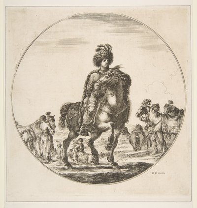 Polsk ryttare vänd åt höger, en cirkulär komposition, från Figures on Horseback Cav..., ca. 1651. av Stefano della Bella