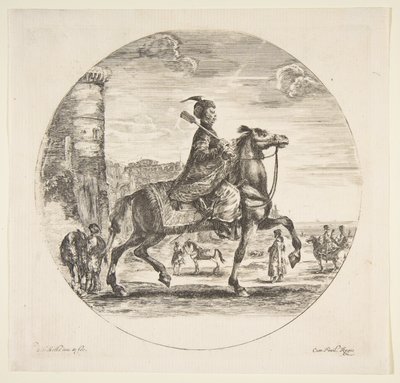 Polsk ryttare i profil vänd åt höger, ett torn och andra figurer på hästar i bakgrunden, ca. 1651. av Stefano della Bella
