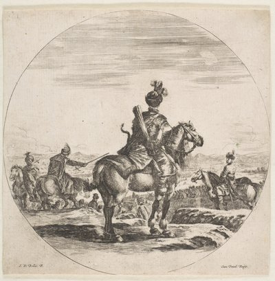 Polsk ryttare med pil och båge, sedd bakifrån med hästen vänd åt höger, en ..., ca. 1651. av Stefano della Bella