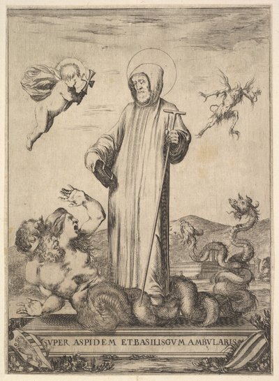 Saint Jean Gualbert trampar ett monster med två människohuvuden och en ormkropp, en fluga..., 1640. av Stefano della Bella
