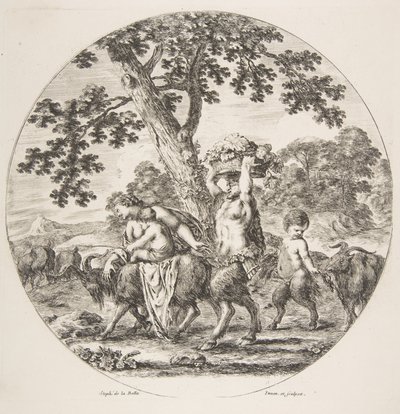 Satyrfamiljen går åt vänster med två getter och en korg med druvor, ca. 1657. av Stefano della Bella