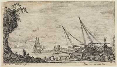 Havslandskap (Paysages maritimes): Hamn med sjömän och arbetare som transporterar timmer av Stefano della Bella