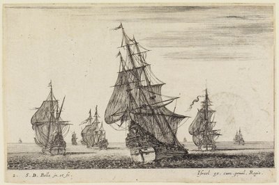 Havslandskap (Paysages maritimes): Ett fartyg som sätter segel i förgrunden, ytterligare fartyg i bakgrunden av Stefano della Bella